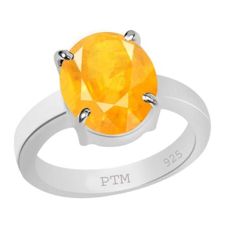 PTM Certified Natural Yellow Sapphire (Pukhraj) 3.25 Ratti to 10.25 Ratti or 3.00 Carat to 9.35 Carat Astrological Gemstone 925 BIS Hallmark Sterling Silver Ring for Men & Women