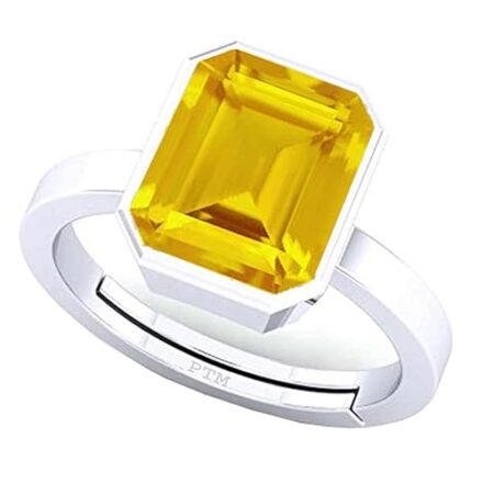 PTM Natural Yellow Sapphire/Pukhraj 3.25 Ratti or 3 Carat Astrological Certified Gemstone/Square Shape Pure Sterling Silver/925 bis Hallmark Adjustable Ring for Men & Women