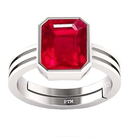 PTM Natural Ruby/Manik 3.25 Ratti to 10.25 Ratti or 3 Carat to 9.5 Carat Astrological Certified Gemstone/Square Shape Sterling Silver/bis Hallmark Ring for Men & Women