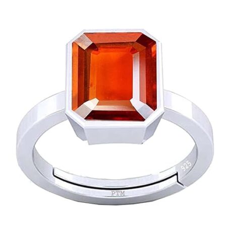 PTM Natural Hessonite/Gomed 3.25 Ratti to 10.25 Ratti or 3 Carat to 9.5 Carat Astrological Certified Gemstone/Square Shape Sterling Silver/bis Hallmark Ring for Men & Women