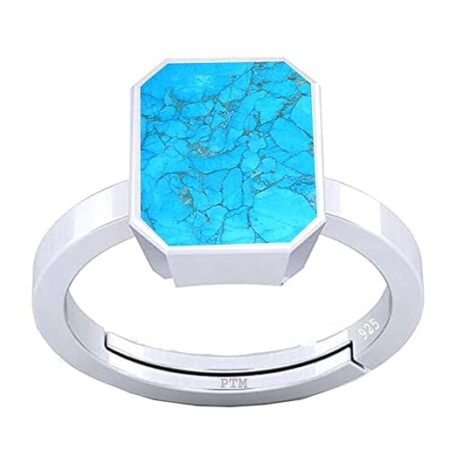 PTM Natural Turquoise/Firoza 3.25 Ratti to 10.25 Ratti or 3 Carat to 9.5 Carat Astrological Certified Gemstone/Square Shape Sterling Silver/bis Hallmark Ring for Men & Women