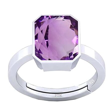 PTM Natural Amethyst/Kathela 3.25 Ratti to 10.25 Ratti or 3 Carat to 9.5 Carat Astrological Certified Gemstone/Square Shape Sterling Silver/925 bis Hallmark Ring for Men & Women