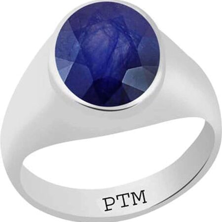 PTM 925 Sterling Silver Blue Sapphire (Neelam) 3.25 Ratti to 10.25 Ratti or 3 Cts to 9.35 Cts Astrological Gemstone Bis Hallmark Ring for Men & Women