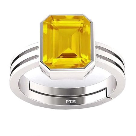 PTM Natural Yellow Sapphire/Pukhraj 3.25 Ratti or 3 Carat Astrological Certified Gemstone/Square Shape Pure Sterling Silver/925 bis Hallmark Adjustable Ring for Men & Women