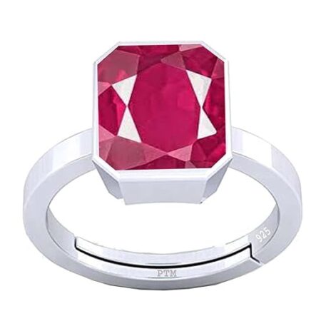 PTM Natural Ruby/Manik 3.25 Ratti to 10.25 Ratti or 3 Carat to 9.5 Carat Astrological Certified Gemstone/Square Shape Sterling Silver/bis Hallmark Ring for Men & Women