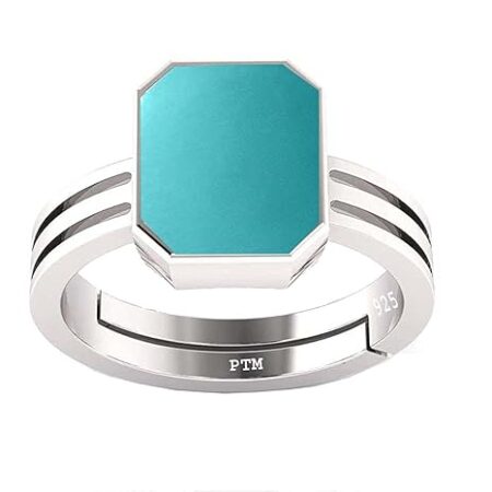 PTM Natural Turquoise/Firoza 3.25 Ratti to 10.25 Ratti or 3 Carat to 9.5 Carat Astrological Certified Gemstone/Square Shape Sterling Silver/bis Hallmark Ring for Men & Women