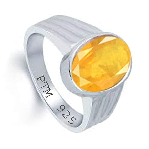 Ptm 925 Sterling Silver Yellow Sapphire (Pukhraj) 3.25 Ratti to 10.25 Ratti Or 3 cts to 9.35 cts Astrological Gemstone Bis Hallmark Ring for Men & Women