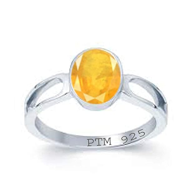 Ptm 925 Sterling Silver Yellow Sapphire (Pukhraj) 3.25 Ratti to 10.25 Ratti Or 3 cts to 9.35 cts Astrological Gemstone Bis Hallmark Ring for Men & Women