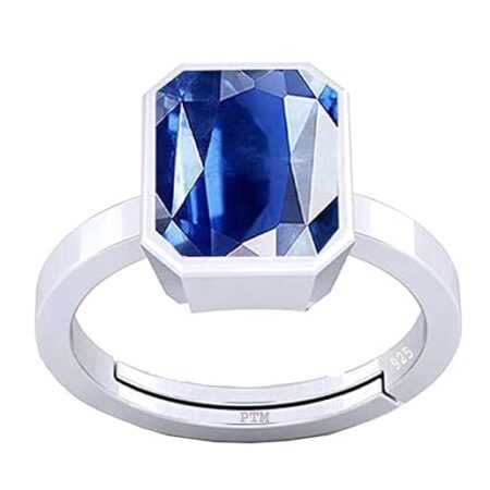 PTM Natural Blue Sapphire/Neelam 3.25 Ratti to 10.25 Ratti or 3 Carat to 9.5 Carat Astrological Certified Gemstone/Square Shape Sterling Silver/bis Hallmark Adjustable Ring for Men & Women