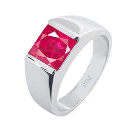 PTM Natural Ruby/Manik 3.25 Ratti to 10.25 Ratti or 3 Carat to 9.5 Carat Astrological Certified Gemstone/Square Shape Sterling Silver/bis Hallmark Ring for Men & Women