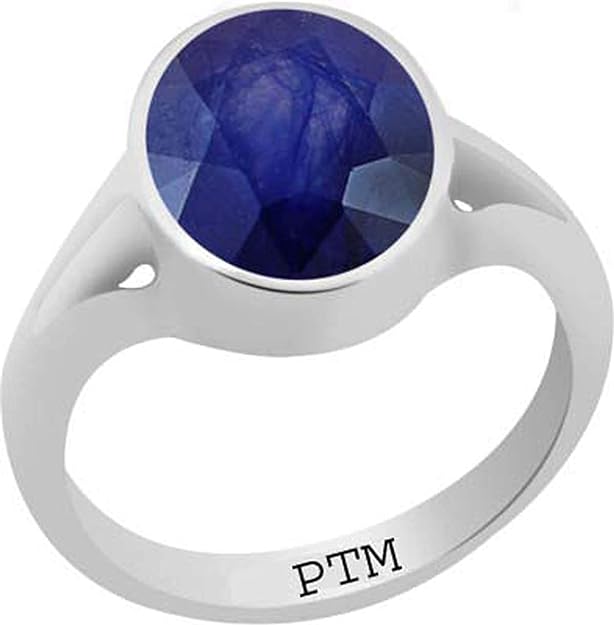 PTM 925 Sterling Silver Blue Sapphire (Neelam) 3.25 Ratti to 10.25 Ratti or 3 Cts to 9.35 Cts Astrological Gemstone Bis Hallmark Ring for Men & Women