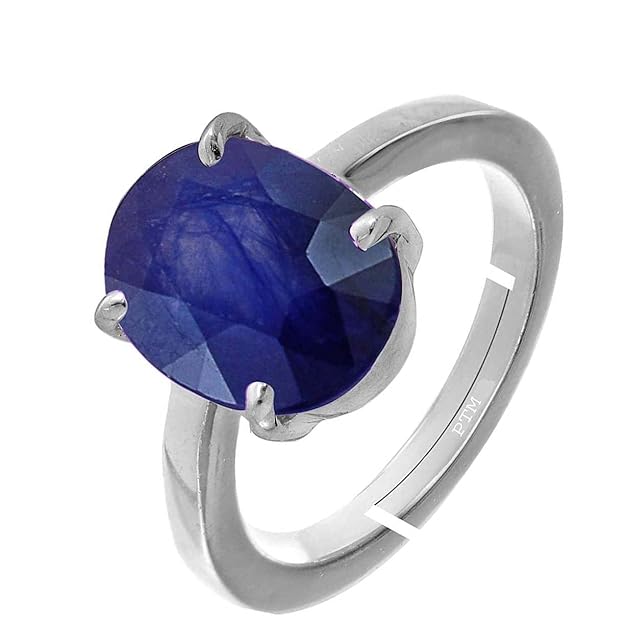 PTM 925 Sterling Silver Blue Sapphire (Neelam) 3.25 Ratti to 10.25 Ratti or 3 Cts to 9.35 Cts Astrological Gemstone Bis Hallmark Ring for Men & Women