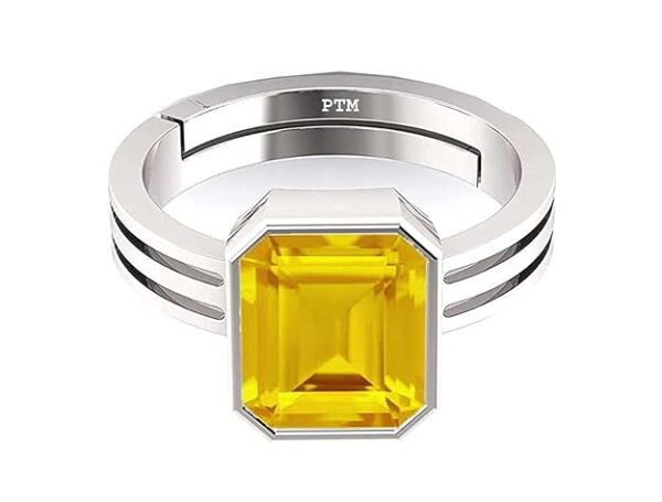 PTM Natural Yellow Sapphire/Pukhraj 3.25 Ratti or 3 Carat Astrological Certified Gemstone/Square Shape Pure Sterling Silver/925 bis Hallmark Adjustable Ring for Men & Women