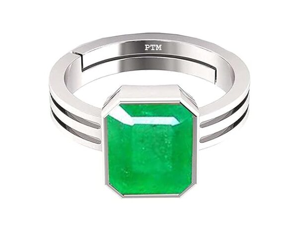 PTM Emerald/Panna 3.25 Ratti to 10.25 Ratti or 3 Carat to 9.5 Carat Astrological Certified Gemstone/Square Shape Sterling Silver/bis Hallmark Adjustable Ring for Men & Women
