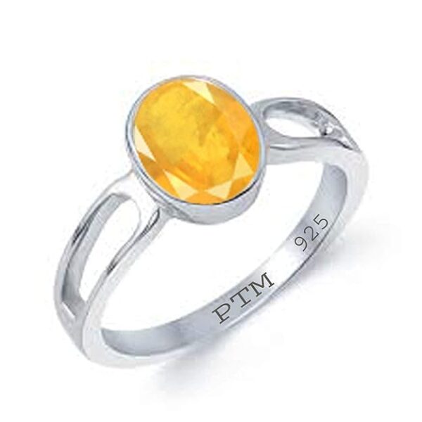 Ptm 925 Sterling Silver Yellow Sapphire (Pukhraj) 3.25 Ratti to 10.25 Ratti Or 3 cts to 9.35 cts Astrological Gemstone Bis Hallmark Ring for Men & Women