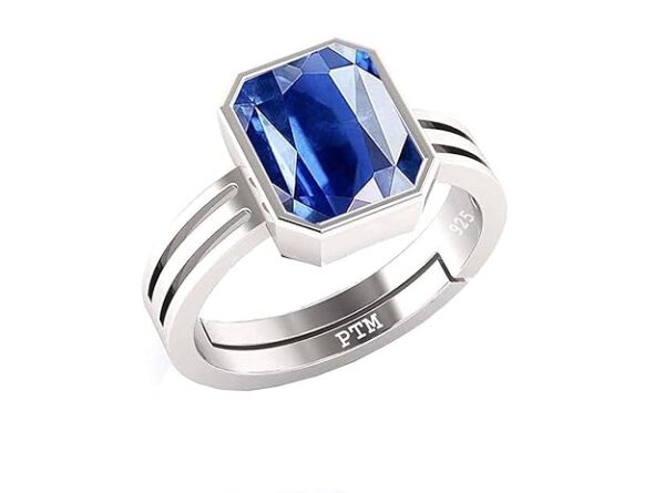PTM Natural Blue Sapphire/Neelam 3.25 Ratti to 10.25 Ratti or 3 Carat to 9.5 Carat Astrological Certified Gemstone/Square Shape Sterling Silver/bis Hallmark Adjustable Ring for Men & Women