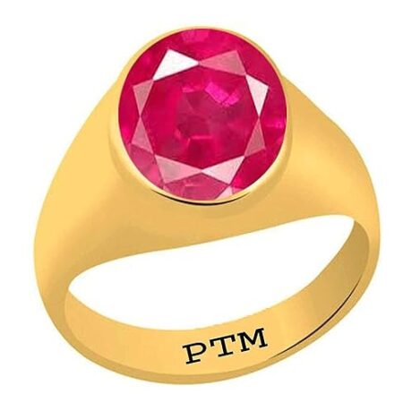 PTM Certified Natural Ruby (Manik) 3.25 Ratti to 10.25 Ratti or 3.00 Carat to 9.35 Carat Astrological Gemstone Panchdhatu 22 K Gold Plated Ring for Men & Women