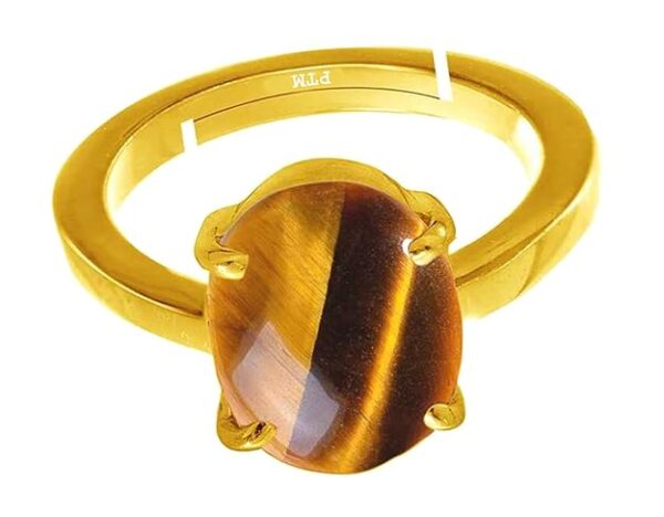 Ptm Natural Tiger Eye 3.25 Ratti to 10.25 Ratti or 3 Carat to 9.5 Carat Astrological Certified Gemstone Panchdhatu/5 Metals Gold Plated Ring for Men & Women