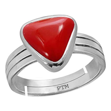 Ptm 925 Sterling Silver Coral/Munga Triangle  3.25 Ratti to 10.25 Ratti or 3.00 Carat to 9.50 Carat Astrological Real Gemstone Bis Hallmark Adjustable Ring for Men & Women