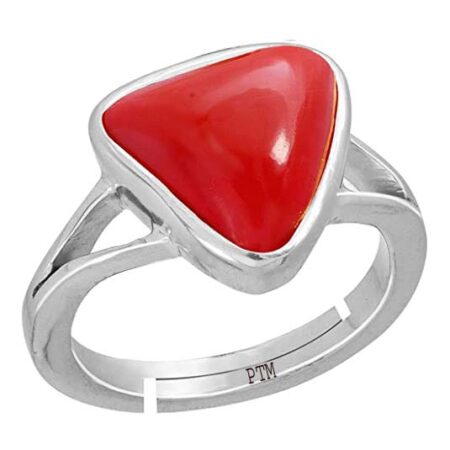 Ptm 925 Sterling Silver Coral/Munga Triangle  3.25 Ratti to 10.25 Ratti or 3.00 Carat to 9.50 Carat Astrological Real Gemstone Bis Hallmark Adjustable Ring for Men & Women