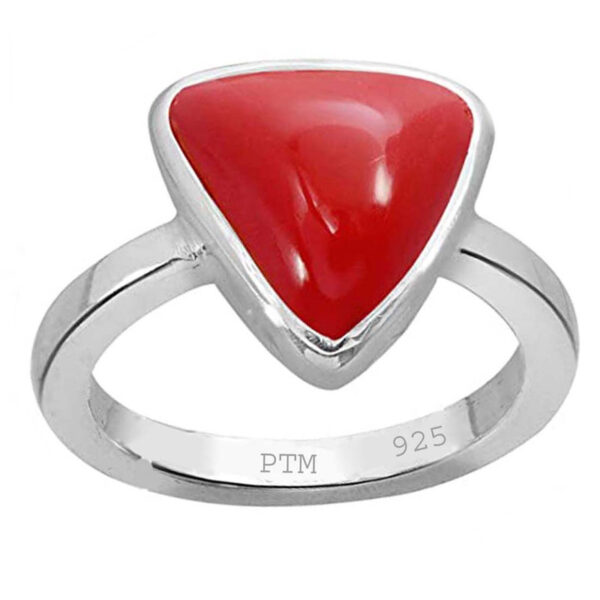 Ptm 925 Sterling Silver Coral/Munga Triangle 3.25 Ratti to 10.25 Ratti or 3.00 Carat to 9.50 Carat Astrological Real Gemstone Bis Hallmark Ring for Men & Women