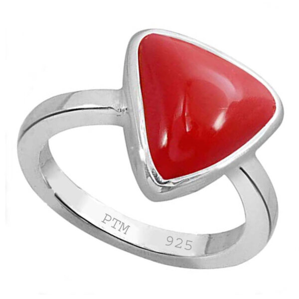 Ptm 925 Sterling Silver Coral/Munga Triangle 3.25 Ratti to 10.25 Ratti or 3.00 Carat to 9.50 Carat Astrological Real Gemstone Bis Hallmark Ring for Men & Women