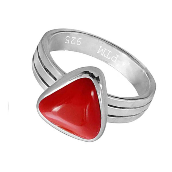 Ptm 925 Sterling Silver Coral/Munga Triangle  3.25 Ratti to 10.25 Ratti or 3.00 Carat to 9.50 Carat Astrological Real Gemstone Bis Hallmark Adjustable Ring for Men & Women