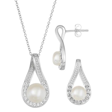 PTM 925 Sterling Silver Pearl/Moti Teardrop Pearl Pendant Earrings Set With Chain for Women & Girls