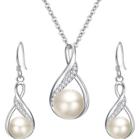 PTM 925 Sterling Silver CZ Freshwater Cultured Pearls Pendant Earrings Wedding Jewelry Set Gift for Girls and Women